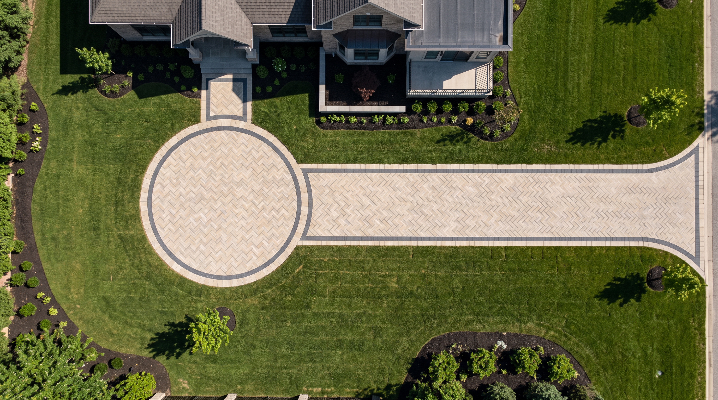 Aerial view of a premium paver driveway